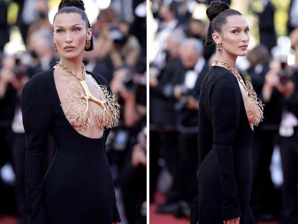 Foto 1: Reprodução/Instagram @bellahadid. Foto 2: Reprodução/Instagram @schiaparelli. Clique na imagem e confiram peças similares!