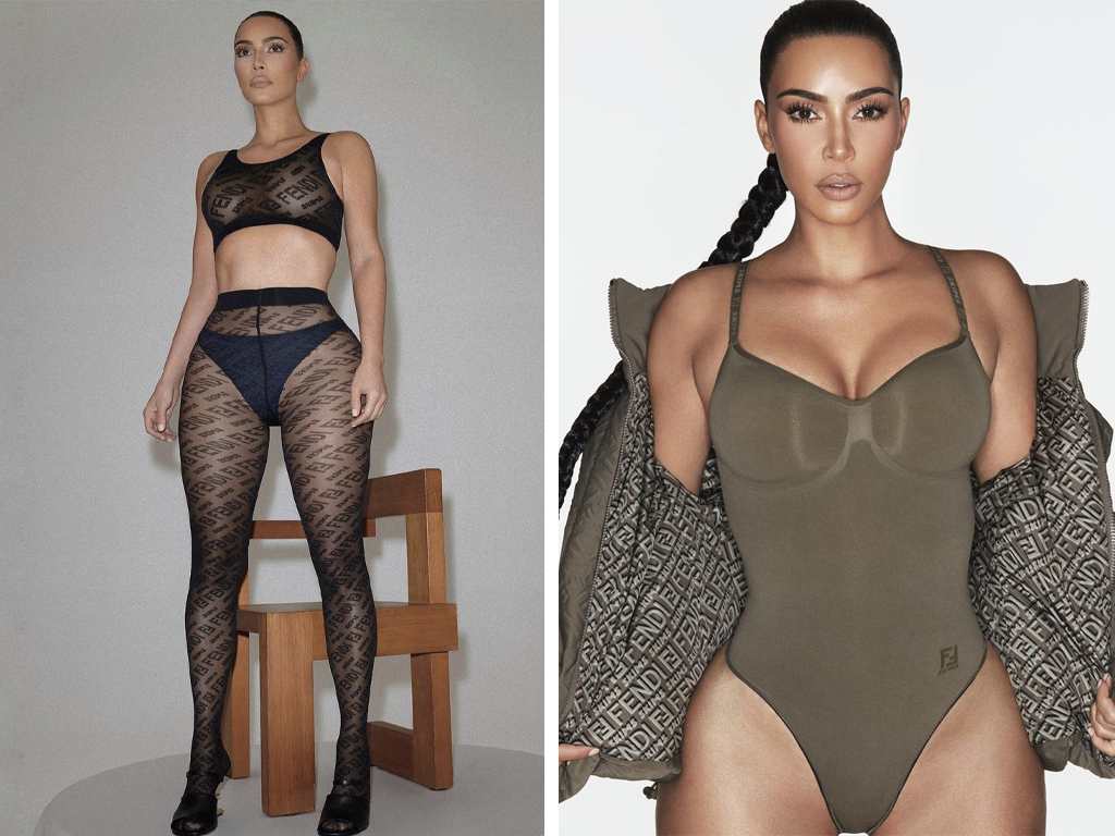 Kim Kardashian na campanha FENDIxSKIMS. Clique na imagem e confira mais peças da maison italiana! (Fotos: Reprodução/Instagram @kimkardashian).