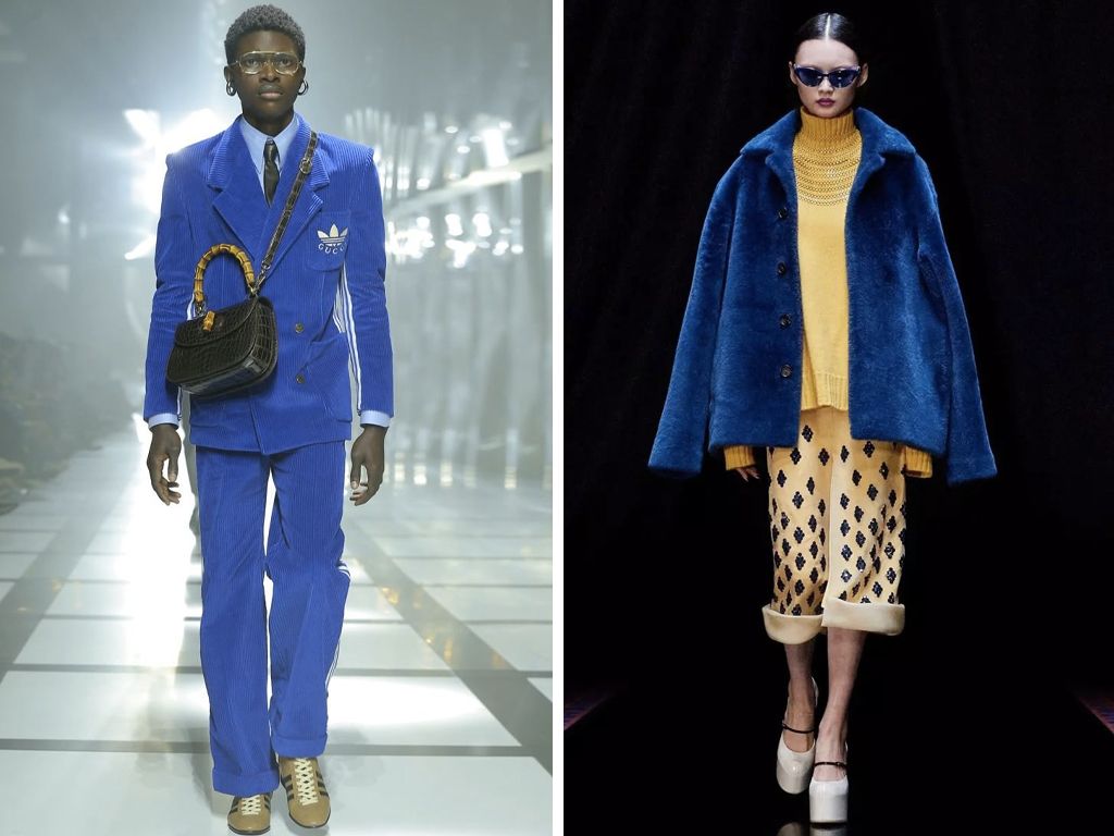 Azul Cobalto nas passarelas de Outono/Inverno 2022. Clique na imagem e confira peças neste tom!(Foto 1: Reprodução/Instagram @gucci; Foto 2: Reprodução/Instagram @juliannawilde)