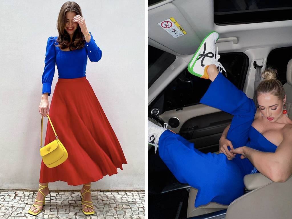 Looks com azul cobalto. Clique na imagem e confira peças neste tom!(Foto 1: Reprodução/Instagram @leleburnier; Foto 2: Reprodução/Instagram @maluborgesm)