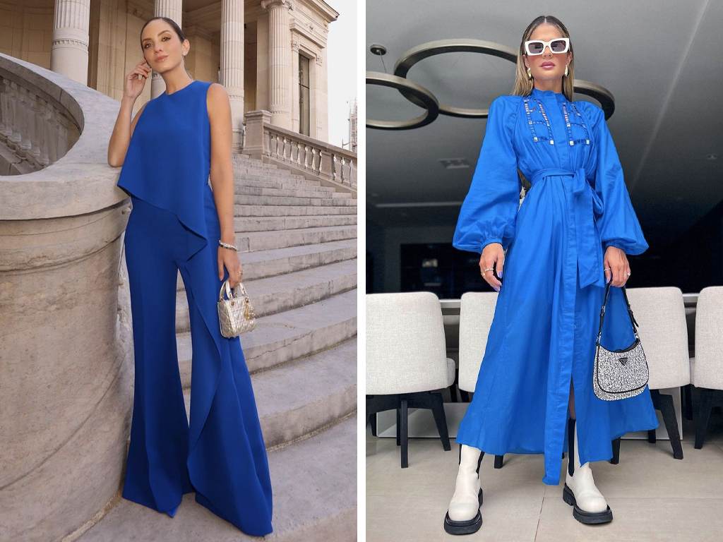 Looks com azul cobalto. Clique na imagem e confira peças neste tom!(Foto 1: Reprodução/Instagram @lelesaddi; Foto 2: Reprodução/Instagram @thassianaves)