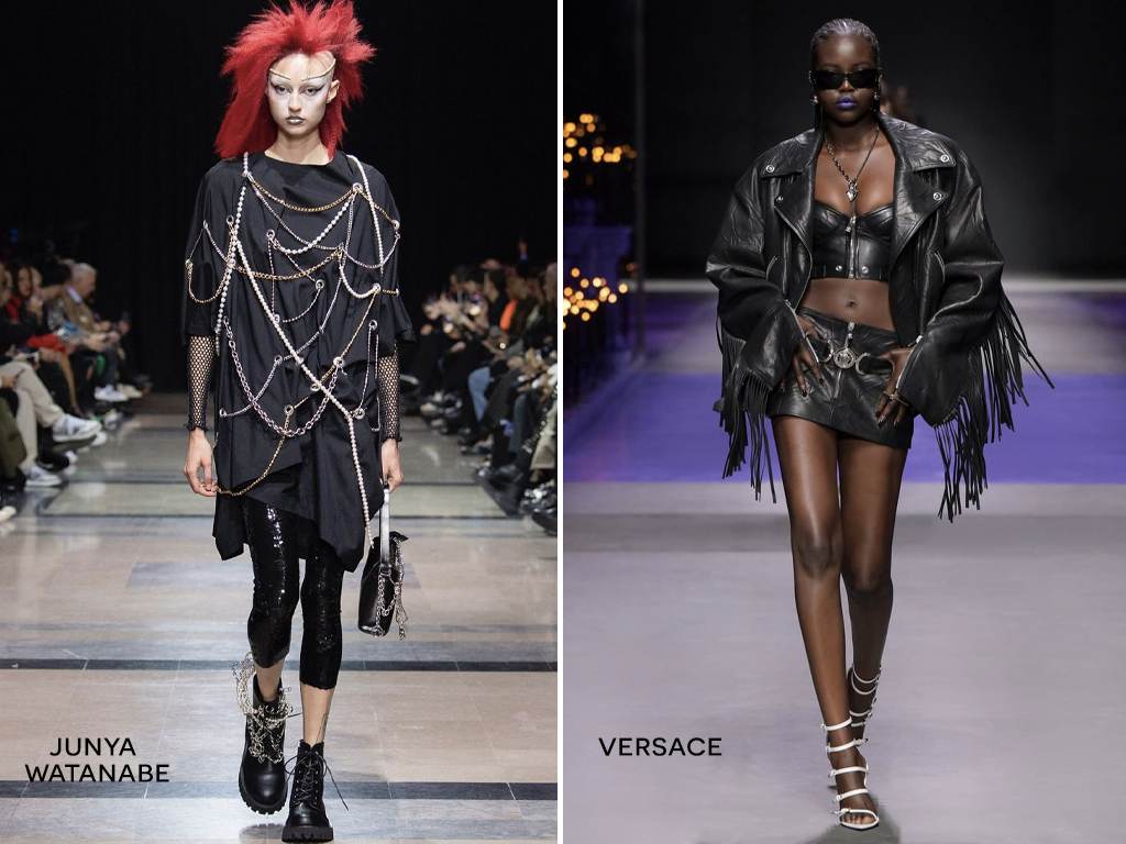 Tendência do Preto sob Preto na Semana de Moda de Paris Primavera/Verão 2023. (Foto 1: Reprodução/Instagram @junyawatanabe; Foto 2: Reprodução/Instagram @versace) 