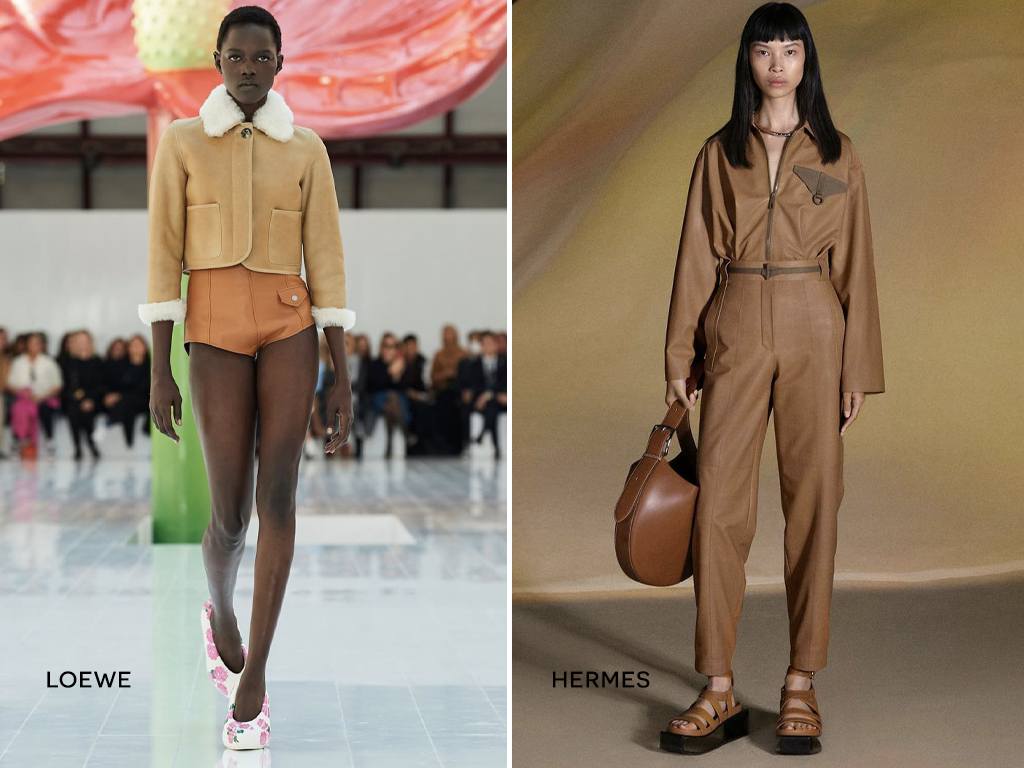 Tendência de Tons Desérticos na Semana de Moda da temporada Primavera/Verão 2023. (Foto 1: Reprodução/Instagram @loewe; Foto 2: Reprodução/Instagram @hermes)