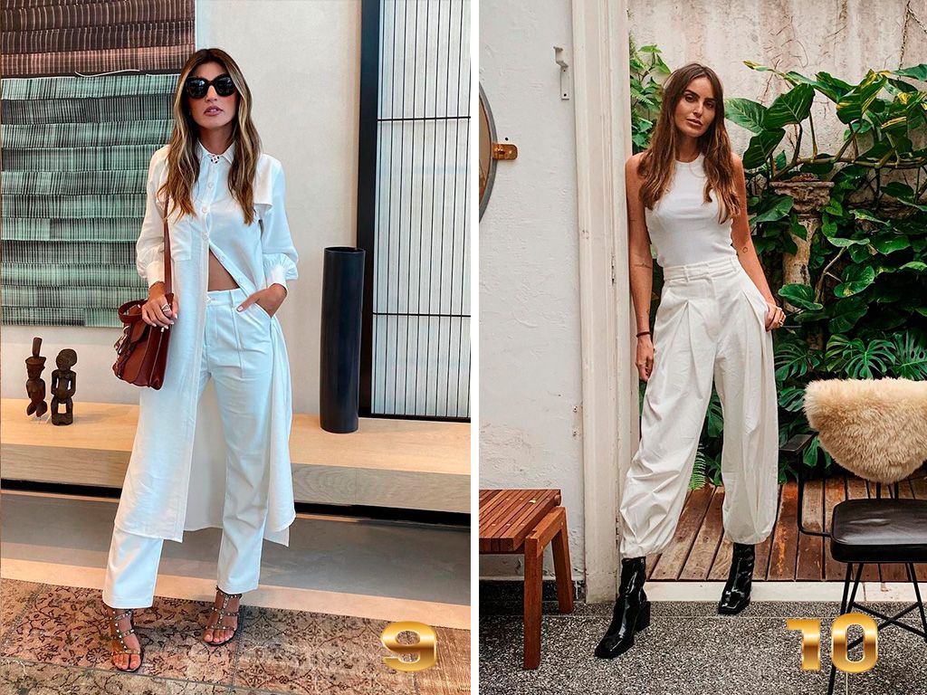 Montagem com 2 fotos das blogueiras Maria Rudge e Helena Barbero usando looks brancos inspirações para o reveillón.