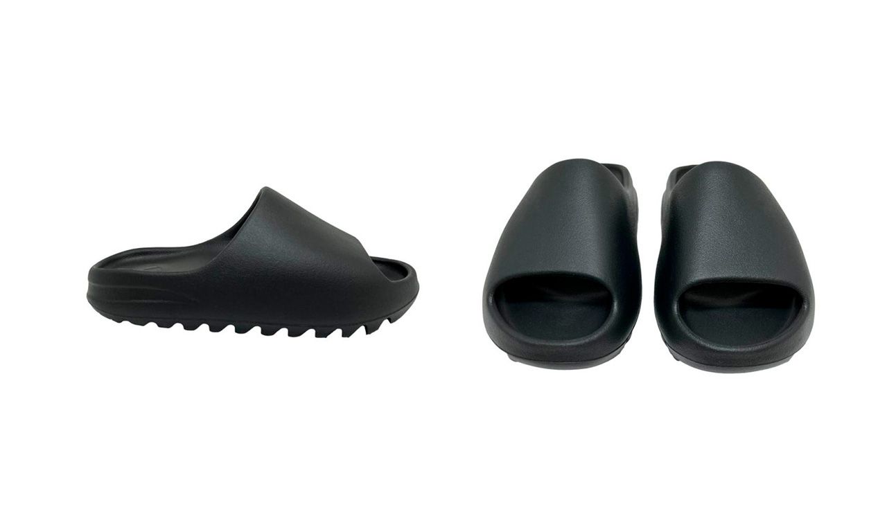 Montagem com duas imagens do Slide Adidas Yeezy Onyx Preto.