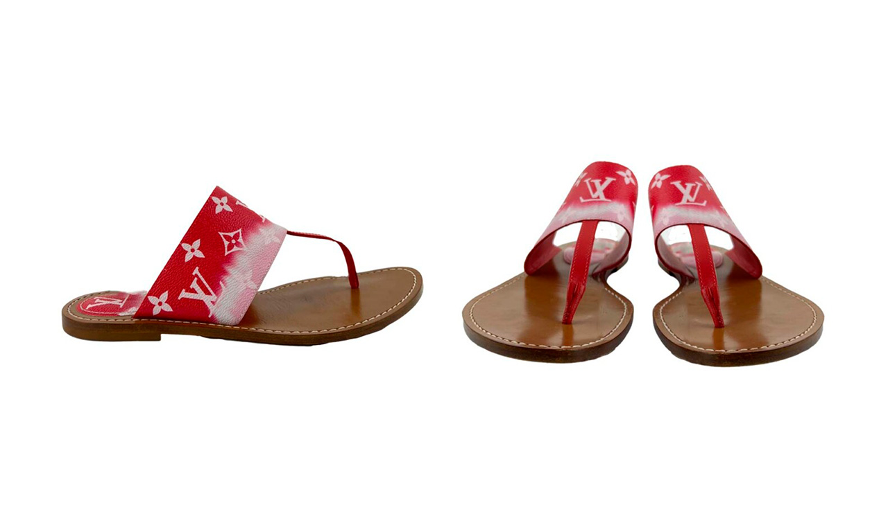 Montagem com duas imagens da Rasteira Louis Vuitton Monogram Escale Palma.