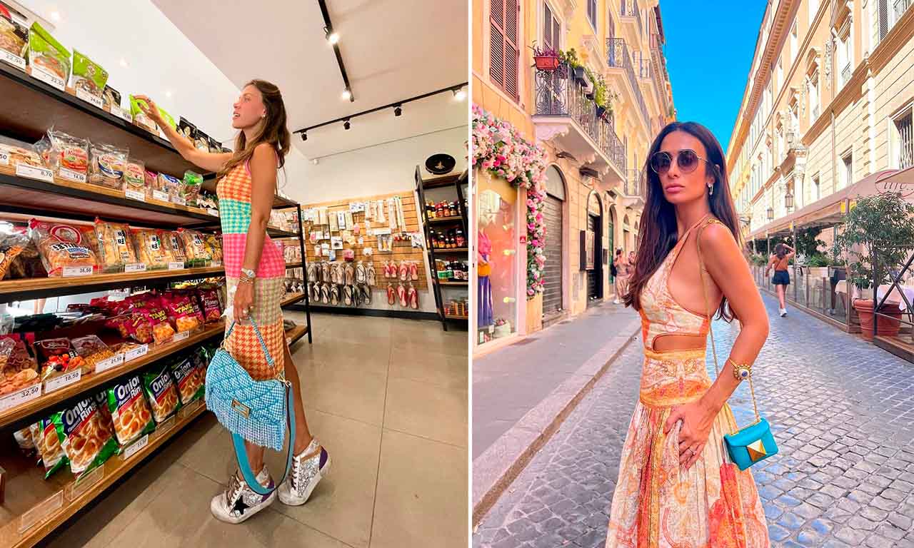 Montagem com duas fotos das influenciadoras Nati Vozza e Silvia Braz usando bolsa azul, tendência da temporada.