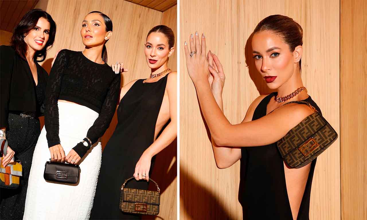 Montagem com duas fotos da influenciadora de moda Helena Lunardelli usando bolsa modelo baguete Fendi.