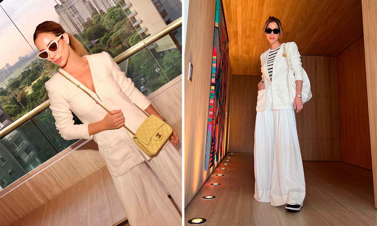 Montagem com duas fotos da influenciadora Helena Lunardelli usando bolsas de correntes.