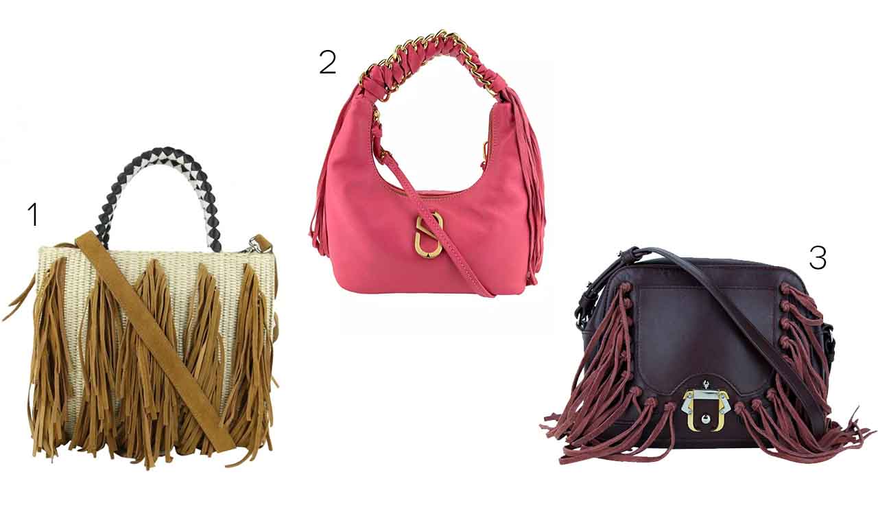 Montagem com três bolsas de luxo com franjas tendência da moda.
