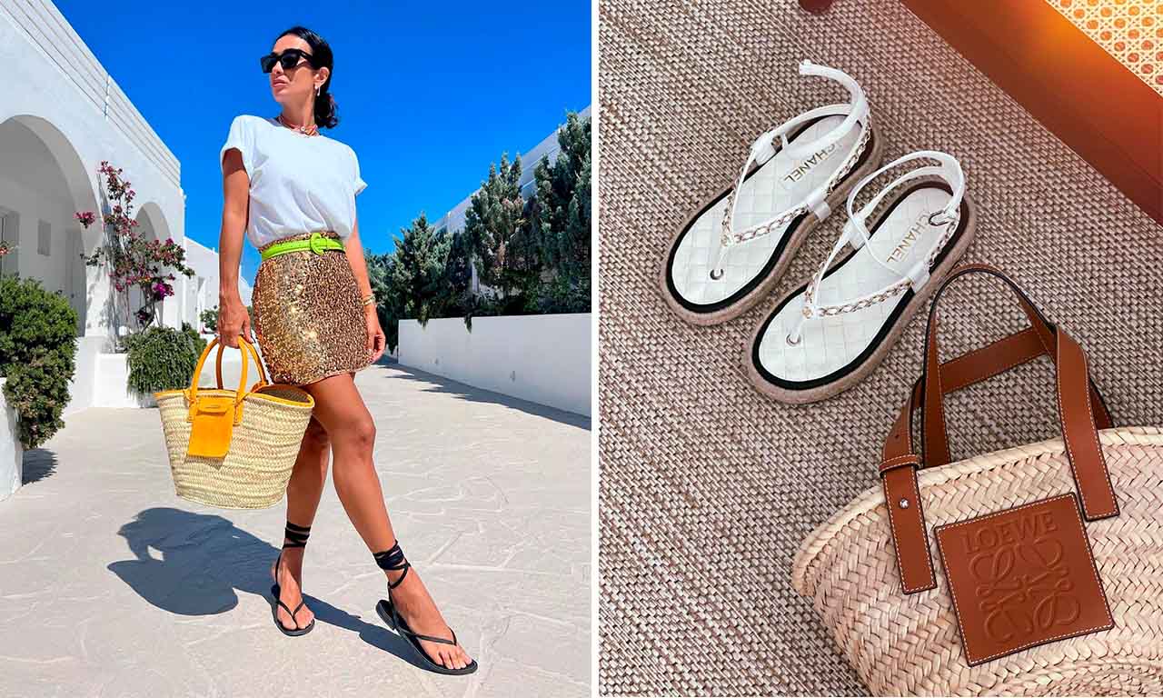 Montagem com duas fotos com bolsas de material natural das influenciadoras Silvia Braz e Nati Vozza.