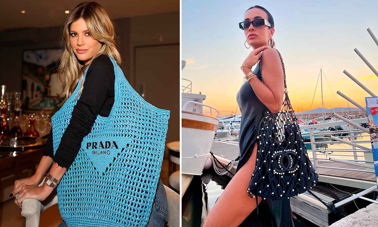 Montagem com duas fotos das influenciadoras Silvia Braz e Lala Rudge usando bolsas de crochê e macramê.