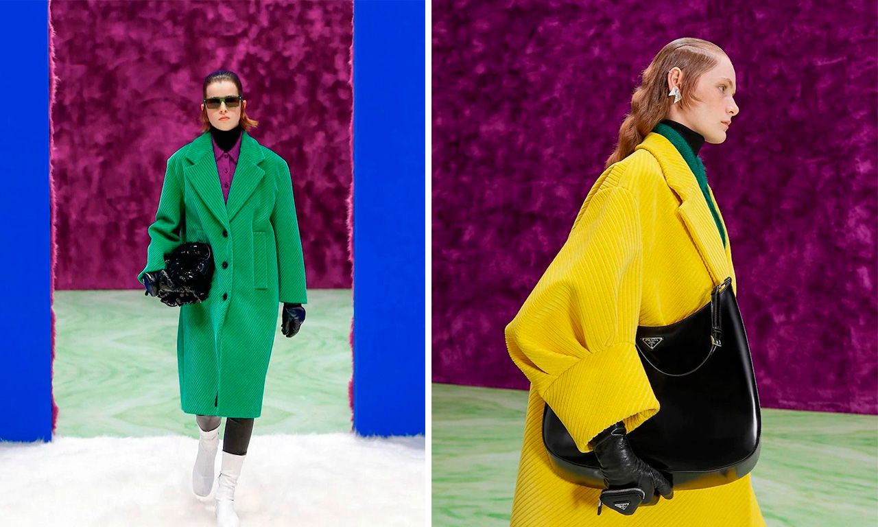 Montagem com duas imagens do desfile da Prada com direção criativa de Raf Simons.