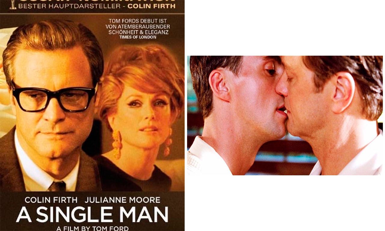 Montagem com duas imagens: capa do filme Direito de amar e uma cena do filme de Tom Ford.