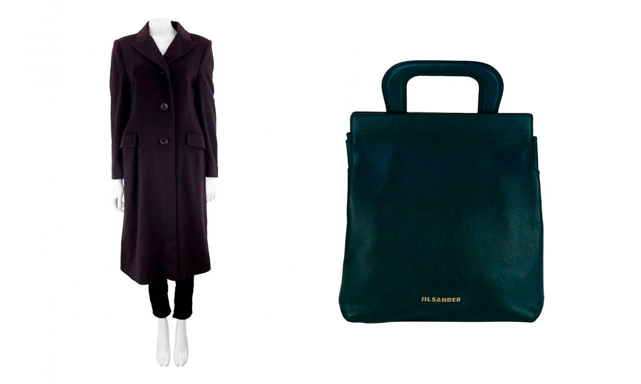 Montagem com duas imagens: Casaco Jil Sander Marrom Lã e Bolsa Jil Sander Couro Verde.