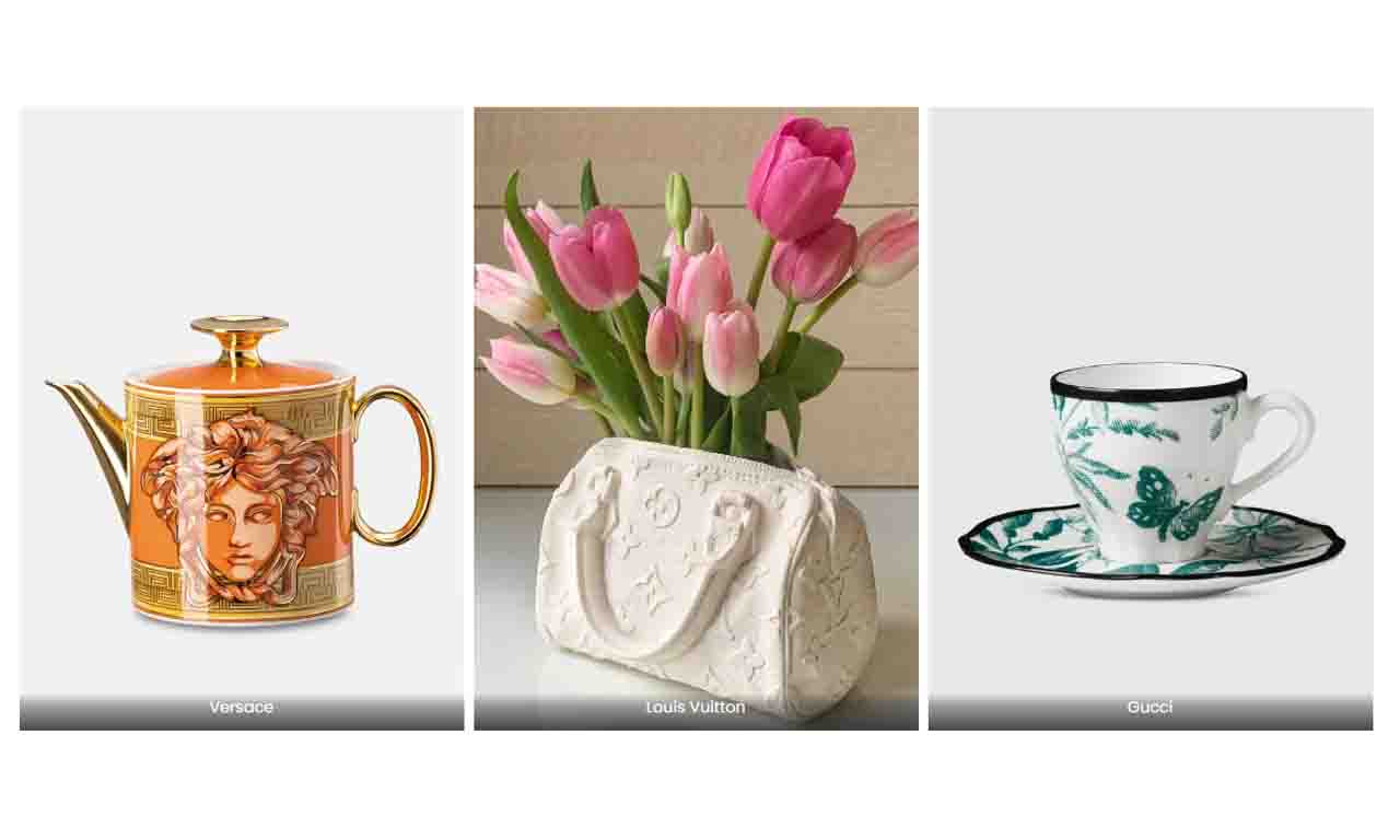 Montagem com três fotos de peças de porcelanas das marcas Versace, Louis Vuitton e Gucci.