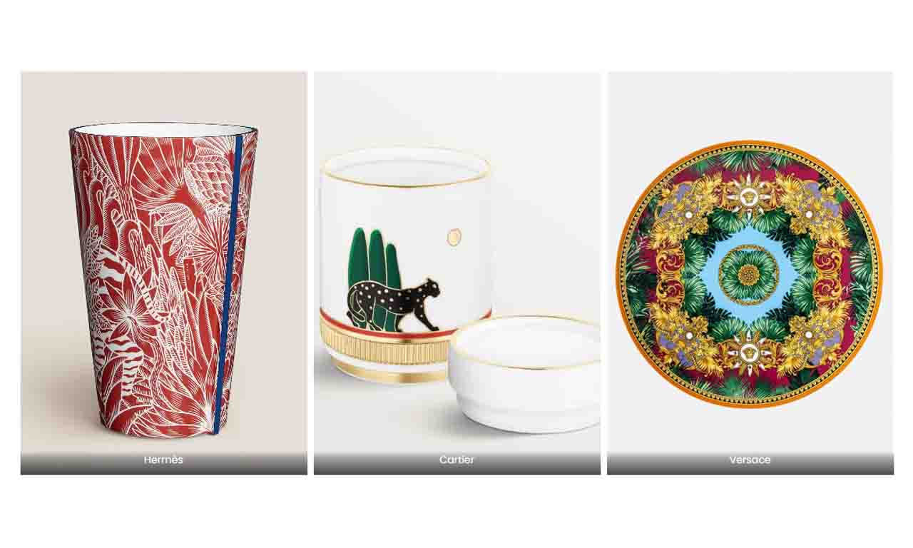 Montagem com três fotos de peças de porcelanas das marcas Hermès, Cartier e Versace.