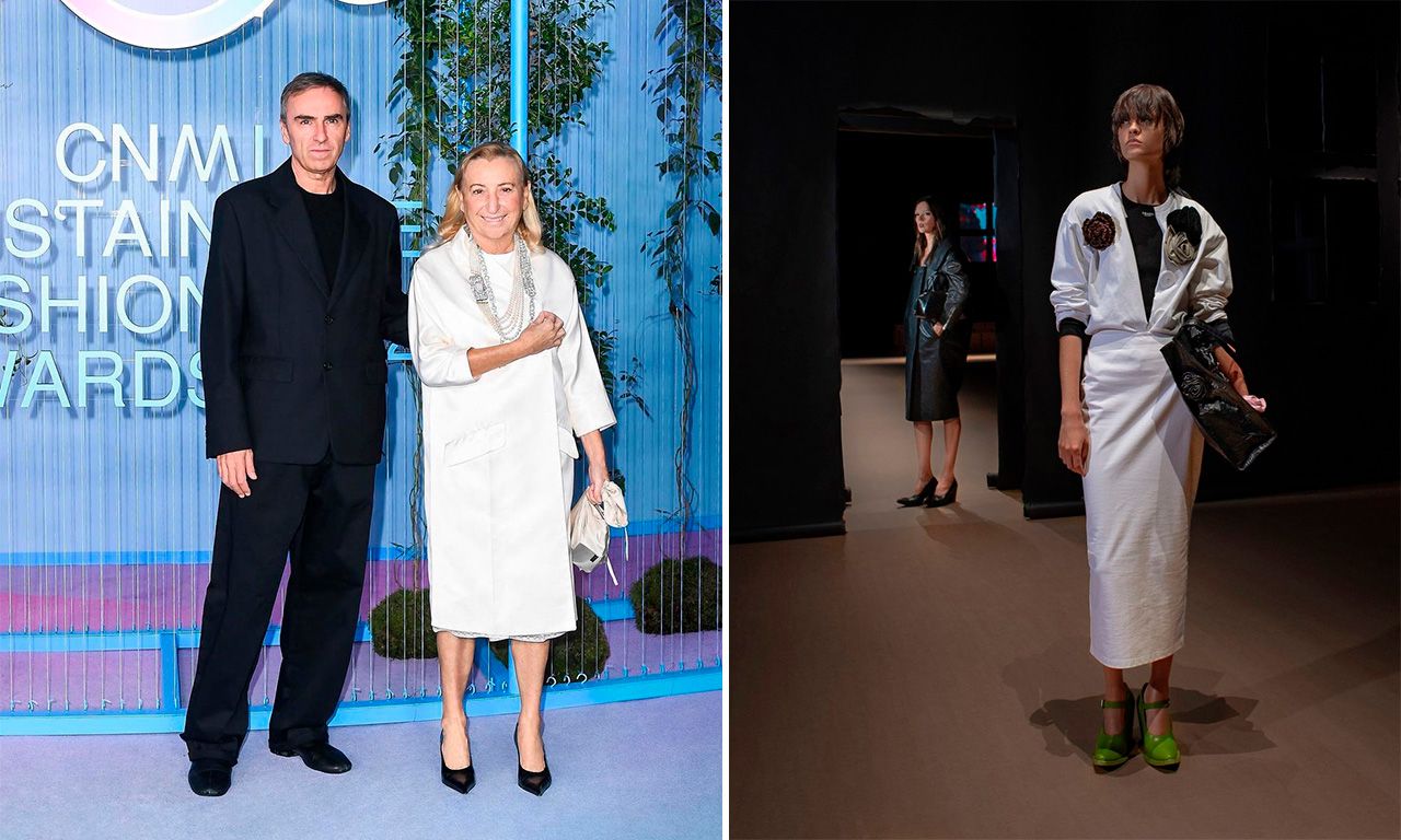 Montagem com duas imagens do estilista Raf Simons ao lado de Miuccia Prada e cena do desfile da marca.