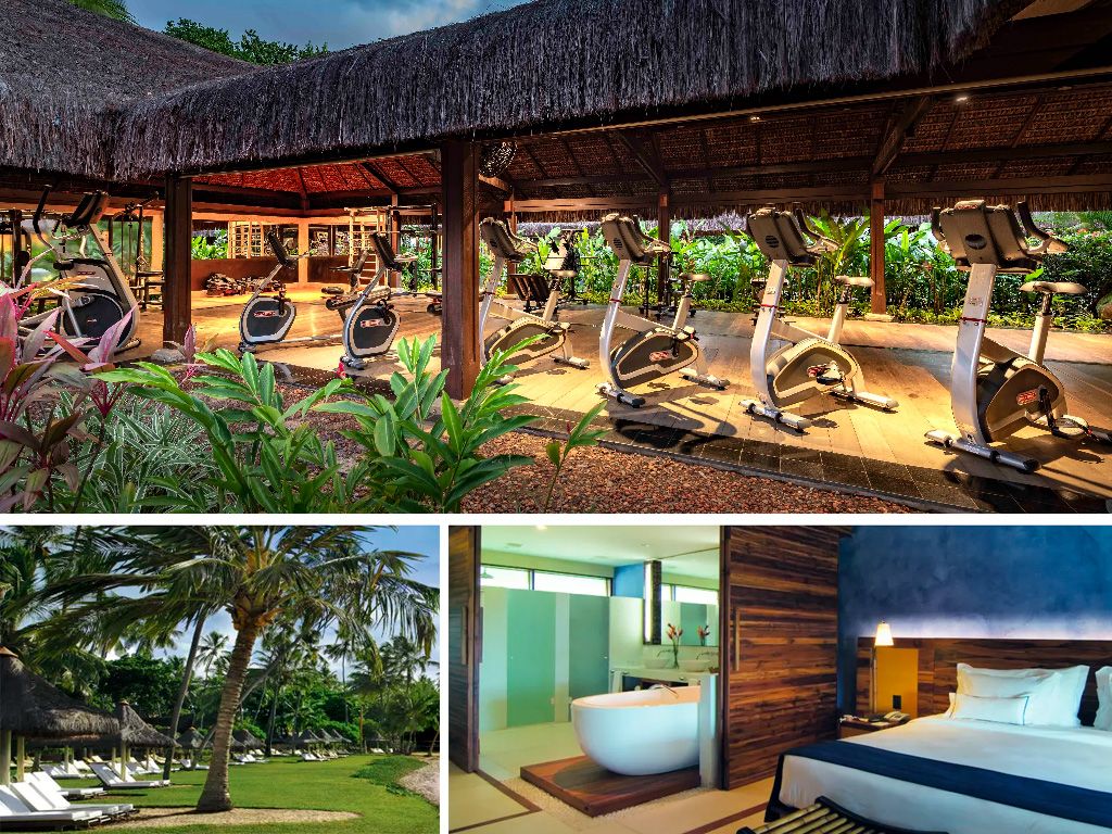 Montagem com três imagens que mostram as instalações do Tivoli Ecoresort Praia do Forte.
