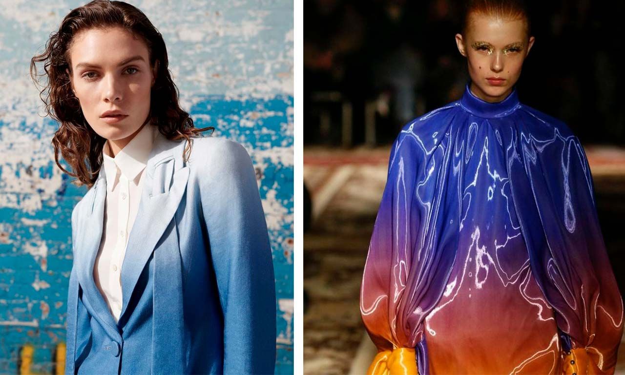 Montagem com duas imagens de campanhas de moda com roupas com a tendência ombré.