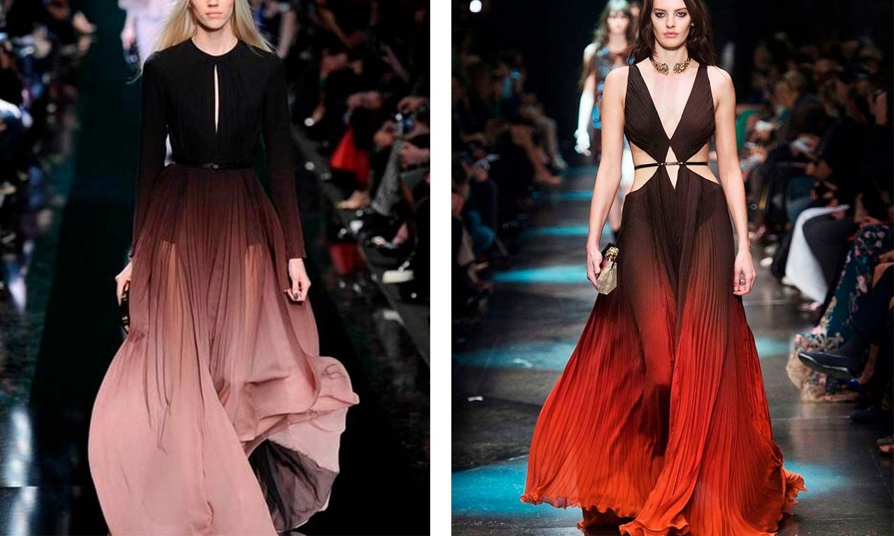 Montagem com duas imagens de desfiles com vestido ombré.