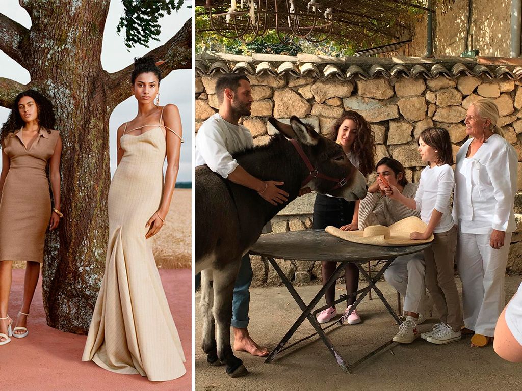 Montagem com duas fotos de Jacquemus com sua equipe e com suas criações.