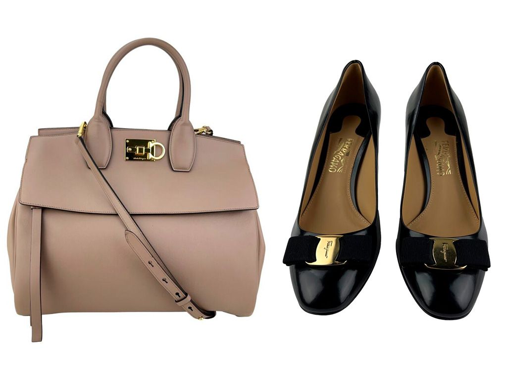 Bolsa com Alça Salvatore Ferragamo Medium Studio Bege e Sapato de Salto Salvatore Ferragamo Erice 70 Preto disponíveis no nosso site.