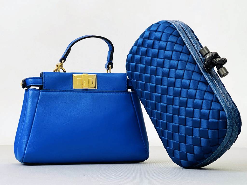 Montagem com foto de duas bolsas de luxo Fendi e Bittega Veneta.