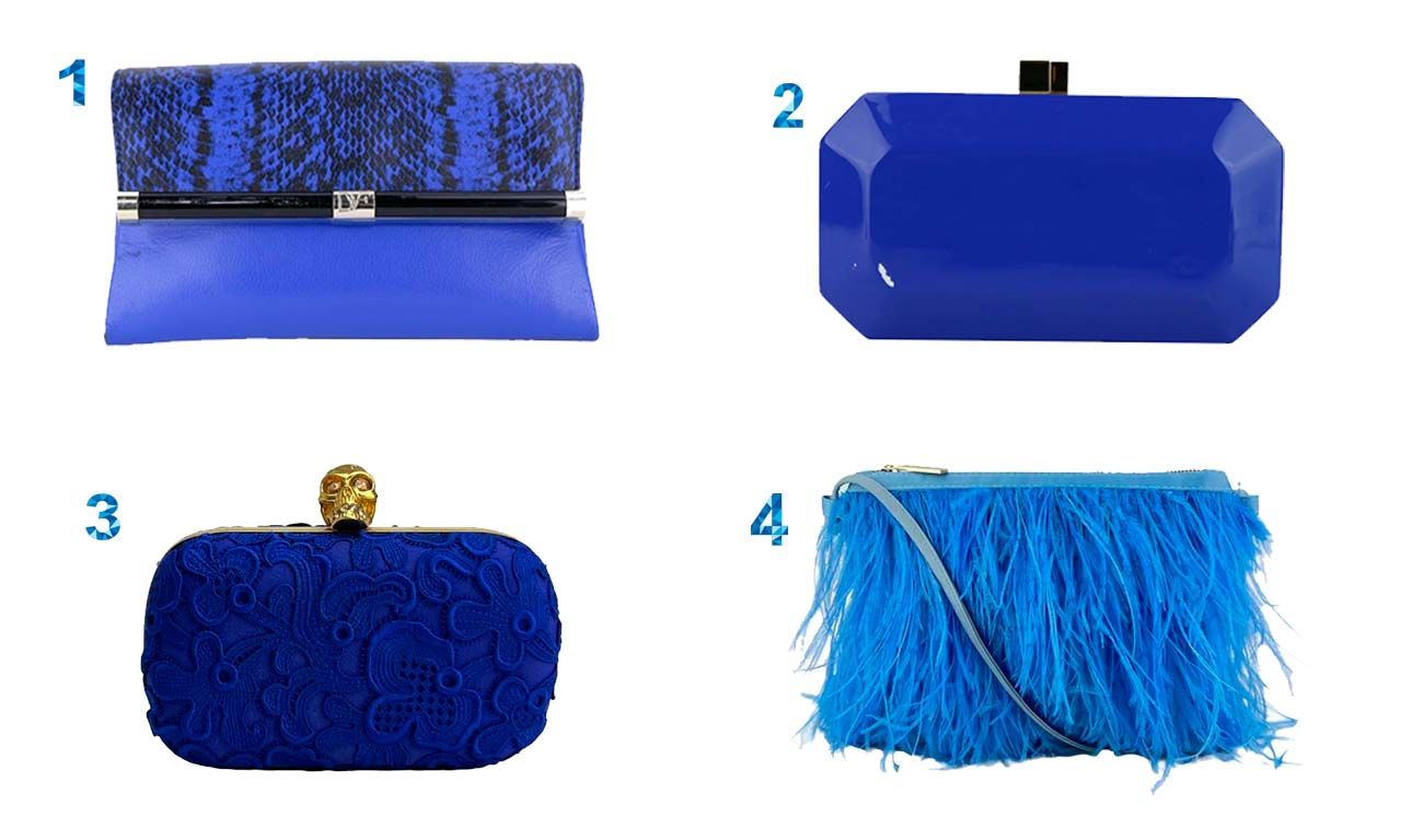 Montagem com quatro opções de bolsas de festa na cor azul.
