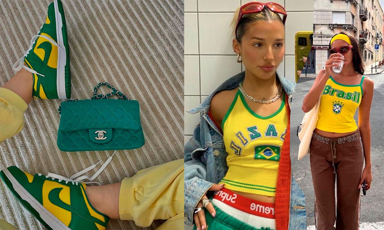 Montagem com três imagens de peças nas cores verde e amarelo, tendência brazilian core