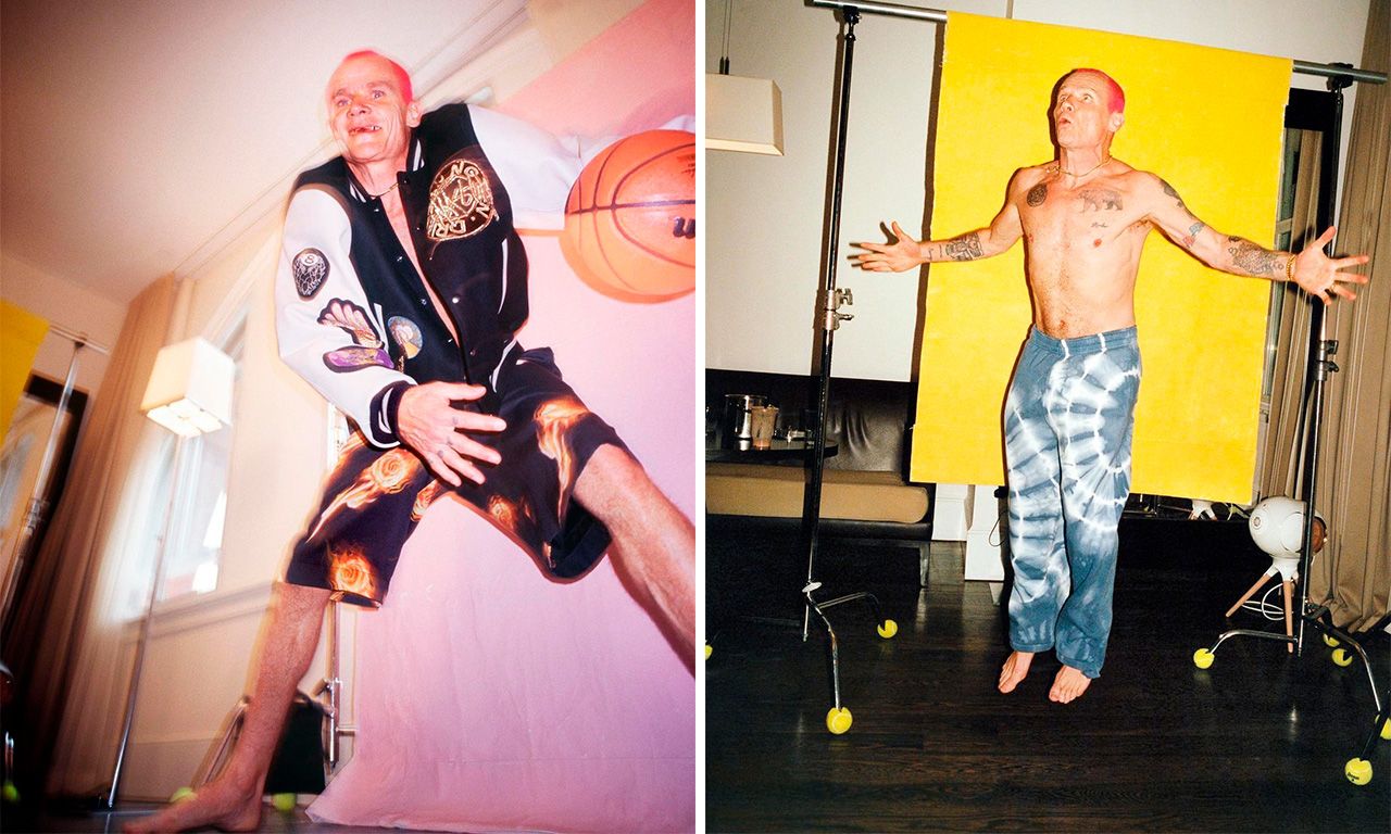 Montagem com duas imagens do baixista do Red Hot Chilli Peppers na campanha da Stussy com Dries Van Noten. 