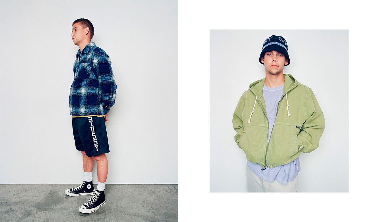 Montagem com duas imagens da coleção Stüssy Primavera 2022.