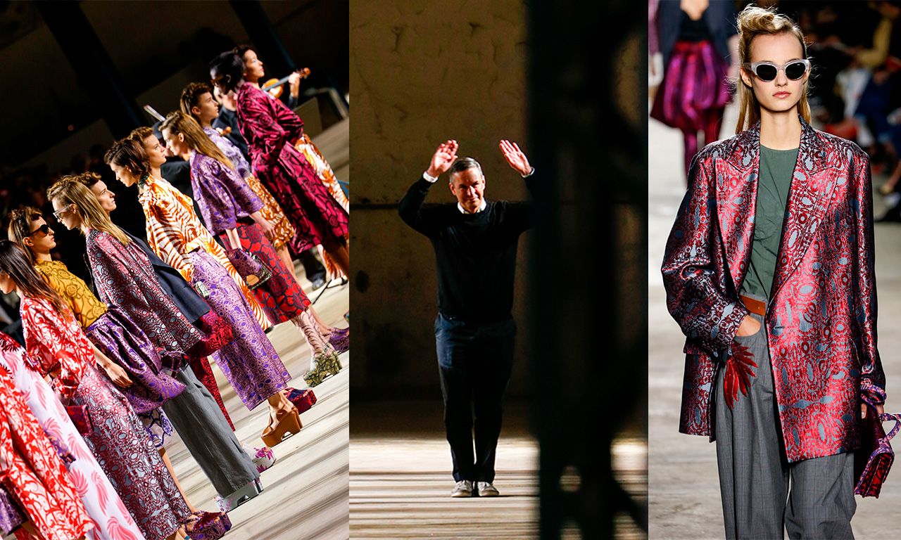 Montagem com 3 fotos do estilista Dries Van Noten e seus desfiles