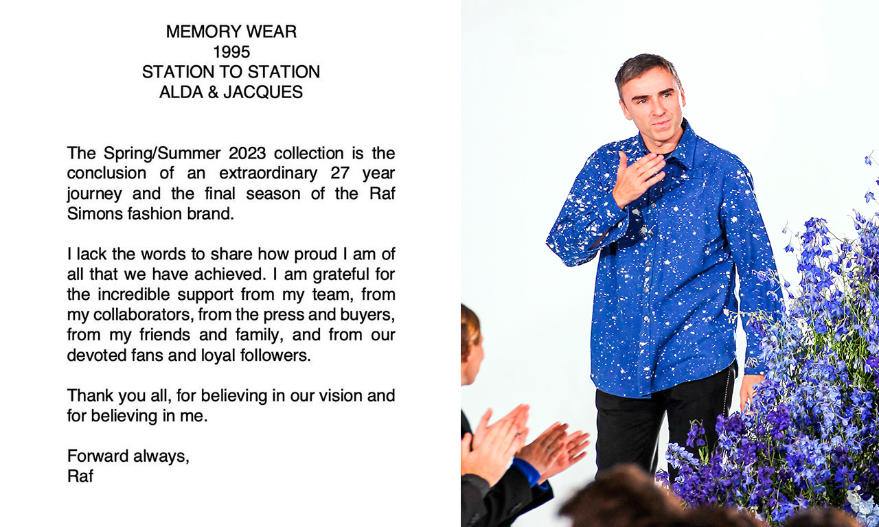 Montagem de duas imagens com Raf Simons e sua carta de anúncio do fim da sua marca.