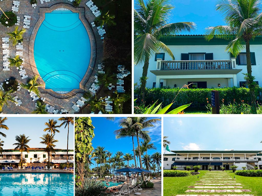 Montagem com quatro imagens que mostram as instalações do Casa Grande Hotel Spa.