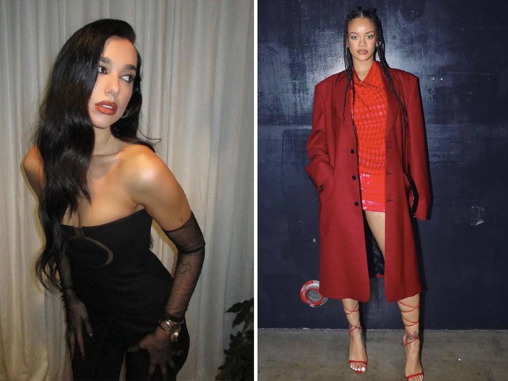 Foto 1: Reprodução/Instagram @dualipa; Foto 2: Reprodução/Instagram @_maximiliandavis_. Clique na imagem e descubra as peças Ferragamo disponíveis no nosso site.