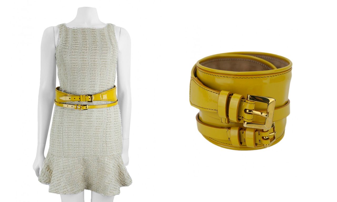 Montagem com duas imagens do Cinto Burberry Verniz Amarelo.