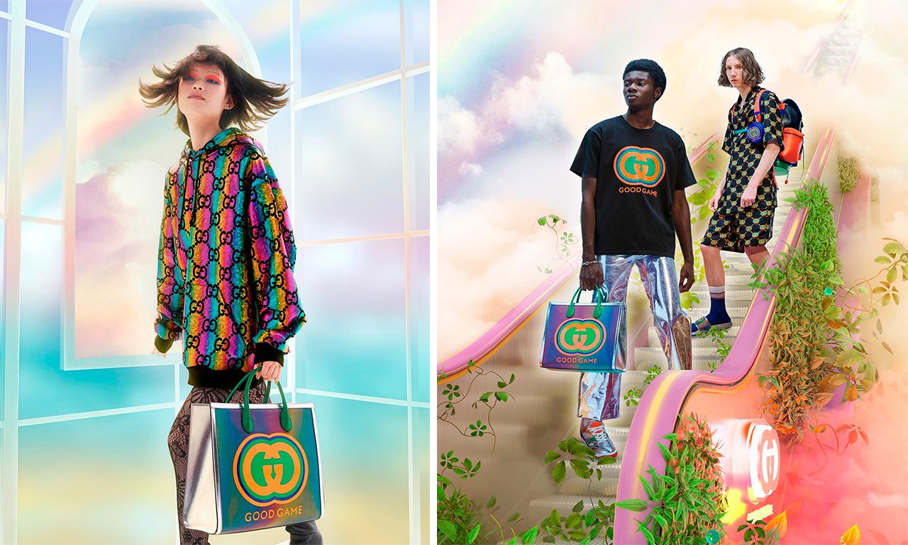 Montagem com duas imagens com fotos da campanha Gucci Good Game.