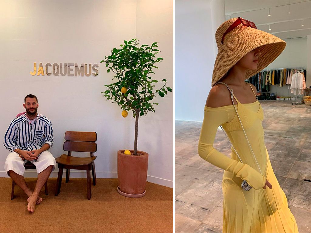 Montagem com duas fotos de Jacquemus em sua loja e modelo desfilando uma de suas criações.