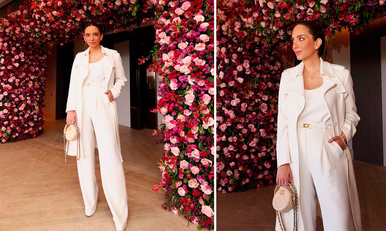 Montagem com duas fotos da blogueira Lele Saddi usando um look all white