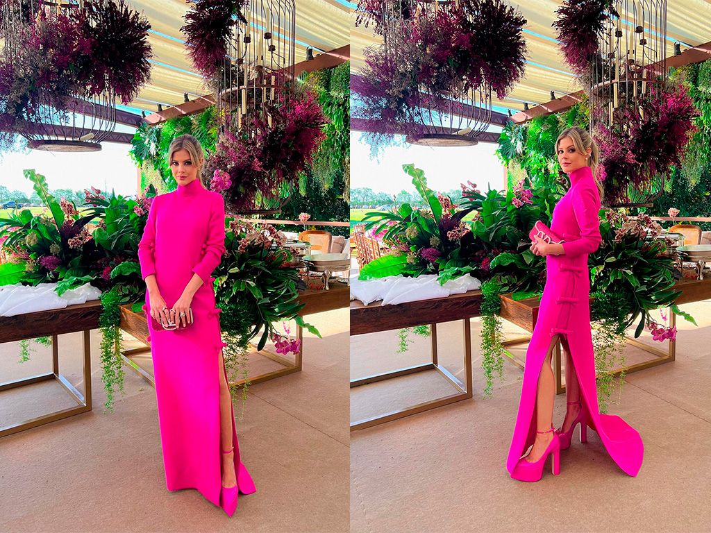 Montagem com duas fotos de Lala Rudge usando a tendência Barbiecore inspiração para o natal.