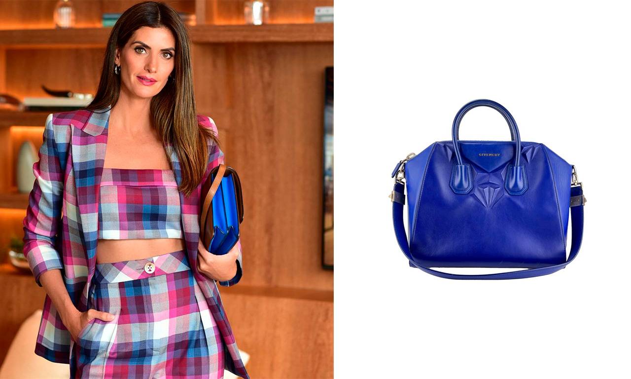 Montagem com duas imagens: a primeira de uma foto de street style e a segunda da Bolsa Givenchy Antigona 3D Medium Couro Royal.