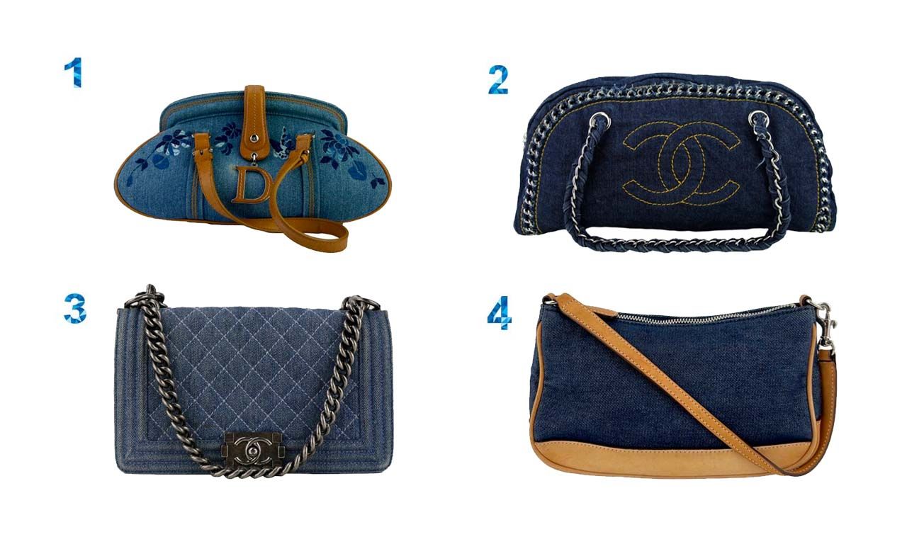 Montagem com quatro opções de bolsas denim na cor azul.