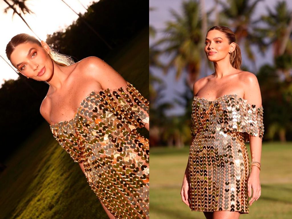 Montagem com duas fotos de Ma Tranchesi usando vestido curto dourado inspiração para o natal.
