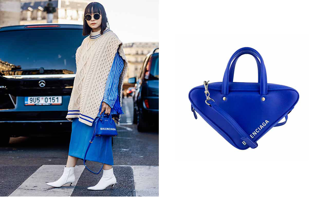 Montagem com duas imagens: a primeira de uma foto de street style e a segunda da Bolsa com Alça Balenciaga Triangle Duffle Azul