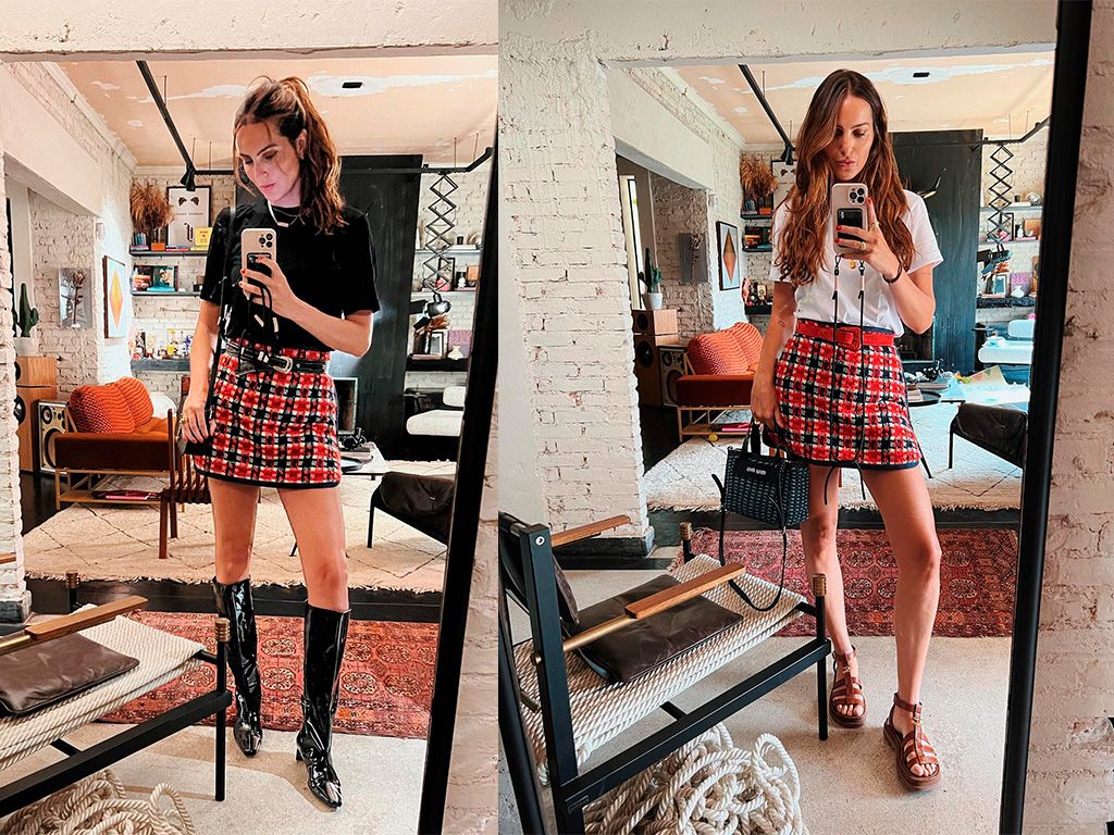Montagem com duas fotos de Helena Barbero usando saia xadrez inspiração para o natal.