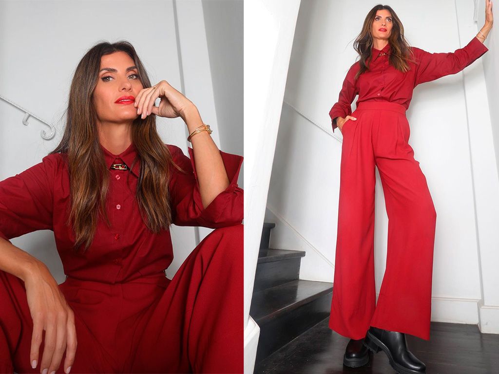 Montagem com duas fotos de Isabella Fiorentino usando conjunto de calça e blusa vermelhos inspiração para o natal.