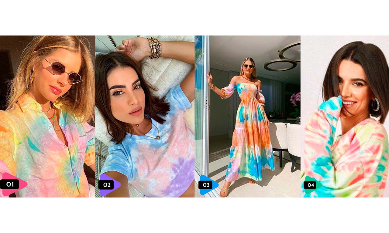 Montagem com quatro imagens de influenciadoras usando looks com estampa tie-dye.