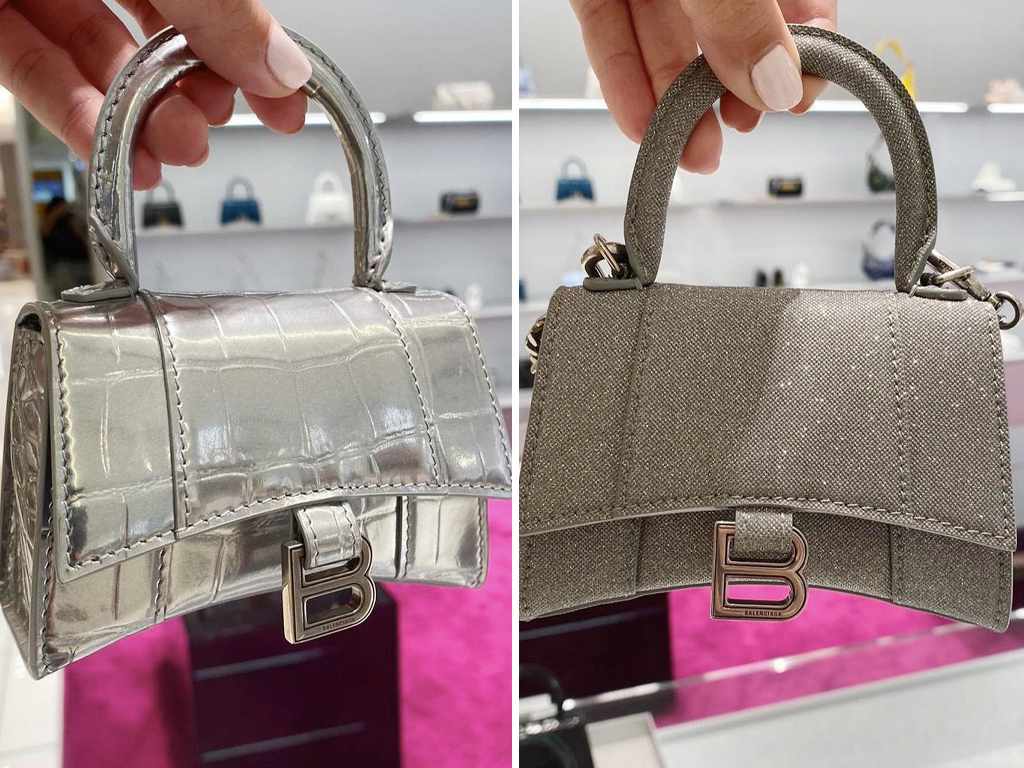 Montagem com duas imagens da Minibolsa Balenciaga Hourglass na loja da marca.