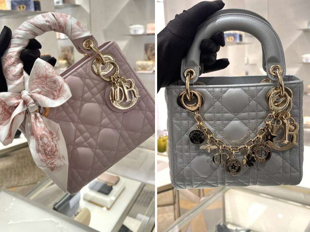 Montagem com duas fotos das Minibolsas Dior na loja da marca.